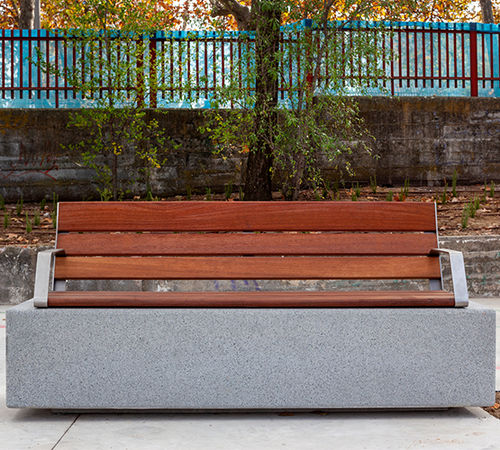 Banc public contemporain - KANJI - Escofet - en acier inoxydable / en béton / en bois