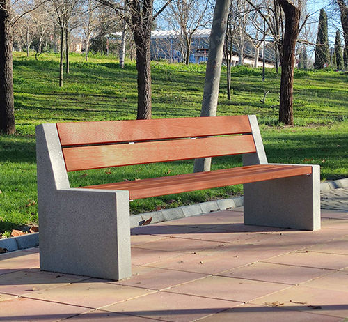 Banc public contemporain - ALPINE - Escofet - en béton / en bois / avec dossier