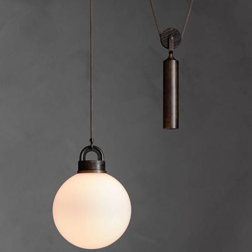 Suspension - PULLEY  - Triode Design - en laiton / en verre soufflé / en verre sablé
