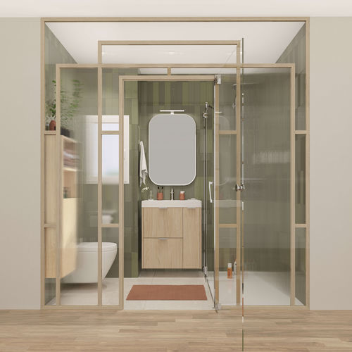 Salle de bain contemporaine - OPTIMISE Silia chêne du désert structuré - Delpha - en chêne sable / en céramique / sur mesure