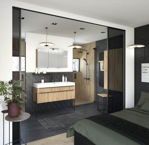 Salle de bain contemporaine - INSPIRATION Fusain Chêne ambré structuré - Delpha - en chêne / en céramique / sur mesure