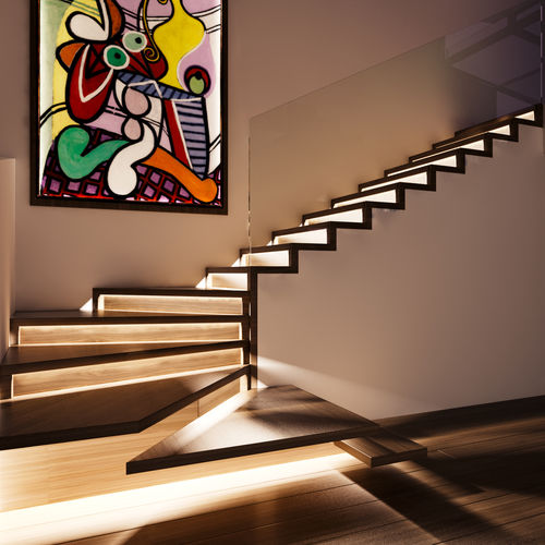 Escalier quart tournant - ZIGZAG LED - Siller Stairs - à marches en chêne / structure en verre / structure en bois