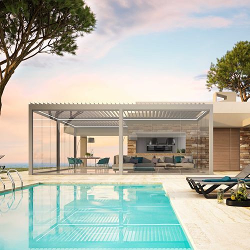 Pergola autoportée - OSKURA ORIENTA - Sunroom S.p.A. - en verre / bioclimatique / avec éclairage LED intégré