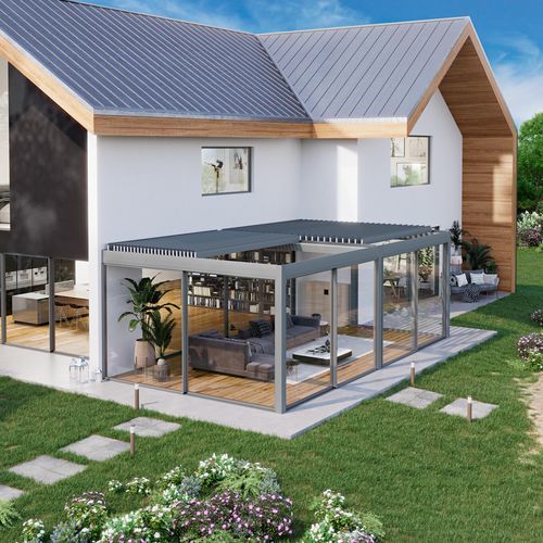 Pergola adossée - OSKURA UNICA - Sunroom S.p.A. - en verre / à lames brise soleil / bioclimatique