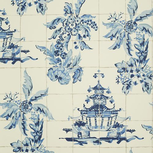 Papier peint classique - PAGODA AND PALMS - JIM THOMPSON - à fleurs / aspect tissu / gris