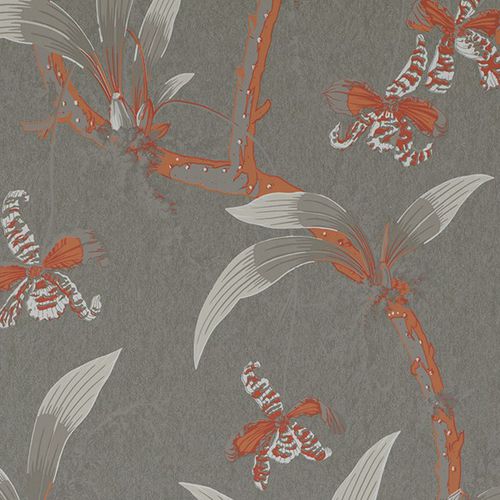 Papier peint contemporain - TEMPLE OF DAWN : MANDARIN ORCHIDS - JIM THOMPSON - à motif floral / aspect tissu / gris