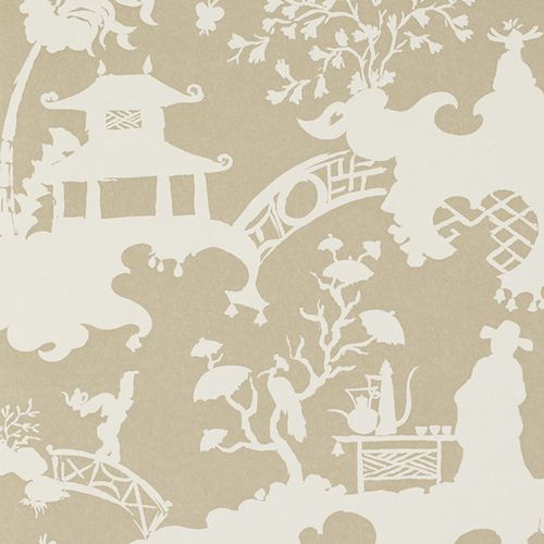 Papier peint contemporain - PAGODA AND PALMS : TEA PARTY - JIM THOMPSON - à motif / aspect tissu / gris