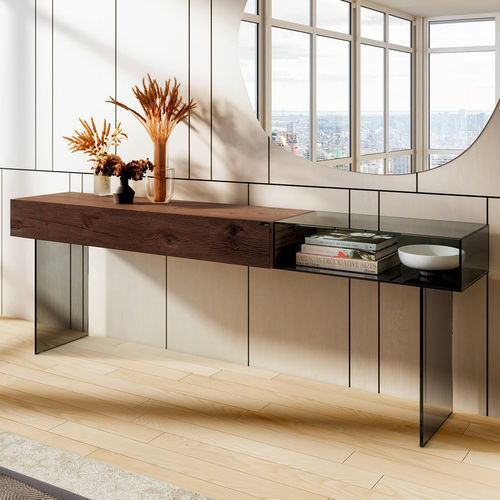 Console contemporaine - 36e8  - LAGO - en bois laqué / en verre fumé / avec piètement en verre