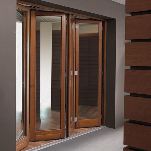 Baie vitrée pliante - PB FINESTRE - en bois / en aluminium / à double vitrage