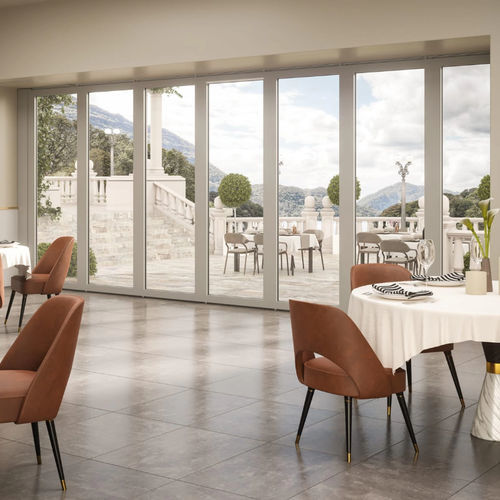 Cloison coulissante-empilable - THERMOGLAS - ESTFELLER - pliante / vitrée / en aluminium