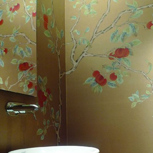 Papier peint oriental - RED KAKI - Misha wallcoverings - en soie / à motif floral / chinoiserie