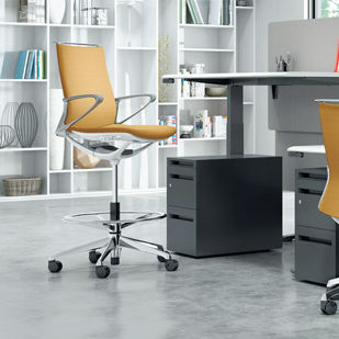 Tabouret de travail contemporain - PLIMODE - Okamura - en tissu / en cuir / avec piètement en métal