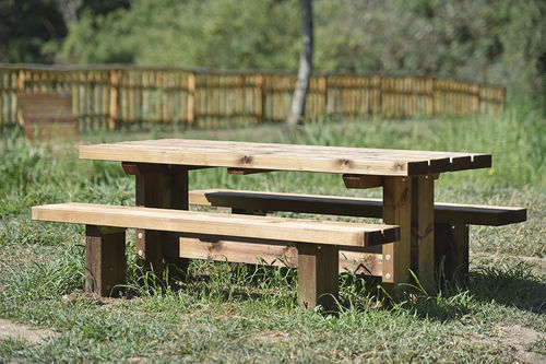 Table de pique-nique contemporaine - 627 023 - Rondino - en pin / avec piètement en pin / rectangulaire