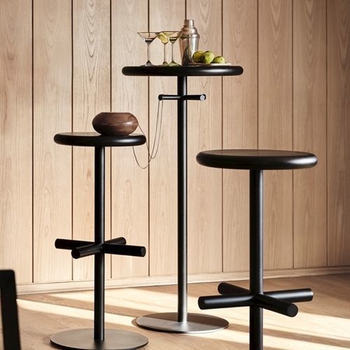 Table mange-debout contemporaine - OXO  - Blå Station - en bois massif / avec piètement en acier laqué / ronde
