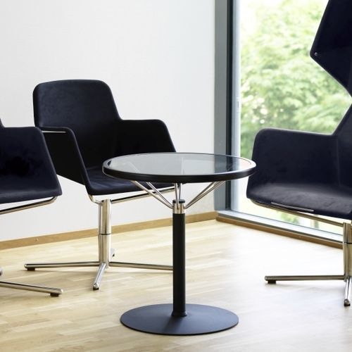 Table bistrot contemporaine - L1 - Blå Station - en verre / avec piètement en acier inoxydable laqué / ronde