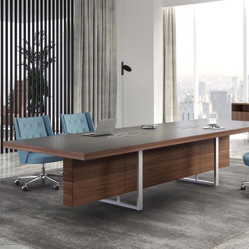 Table de réunion contemporaine - DECK - ESTEL - en placage de bois / en cuir / avec piètement en métal