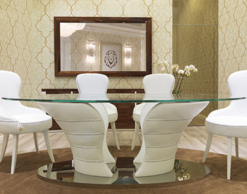 Table à manger contemporaine - Babylon - Formenti - en verre / avec piètement en cuir / ovale