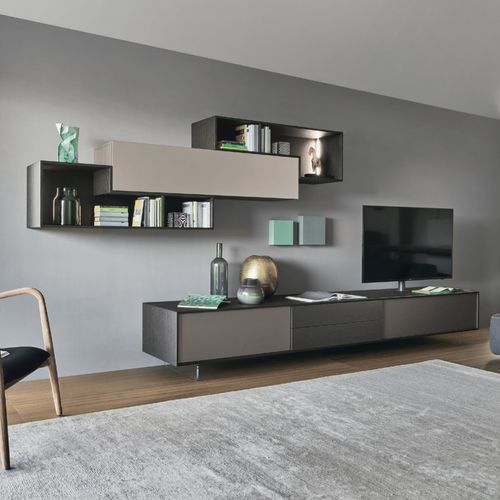 Ensemble TV mural contemporain - LAMPO L6C01 - SANGIACOMO - en chêne / en placage de bois / en bois laqué mat