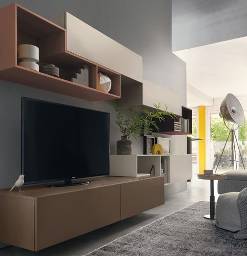 Ensemble TV mural contemporain - LAMPO L6C03 - SANGIACOMO - en bois laqué mat / modulable / avec étagères