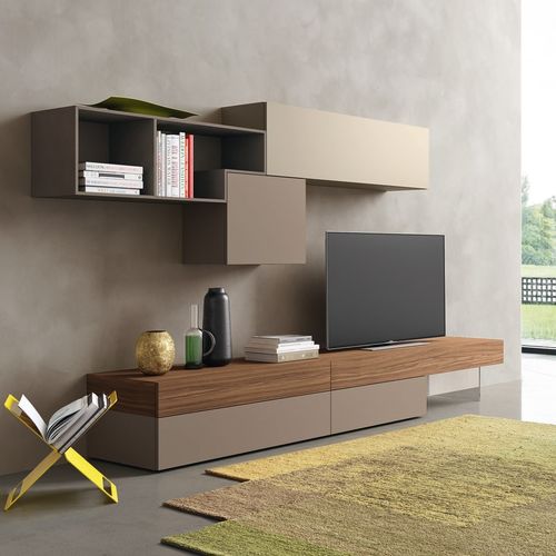 Ensemble TV mural contemporain - LAMPO L6C06 - SANGIACOMO - en placage de bois / en bois laqué mat / en méthacrylate
