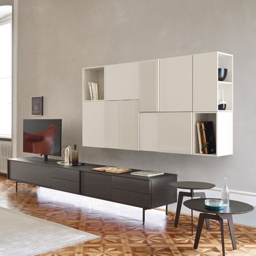Ensemble TV mural contemporain - LAMPO L6C12 - SANGIACOMO - en chêne / en placage de bois / en bois laqué brillant