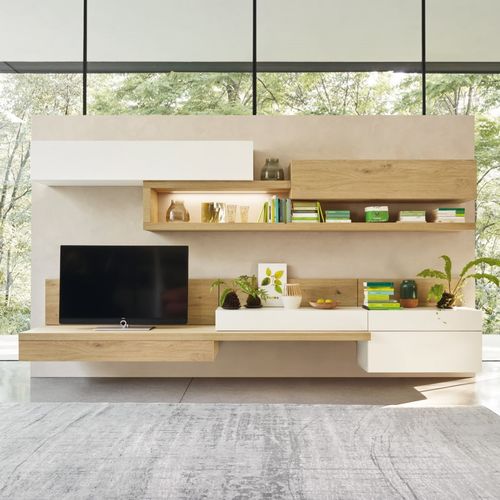 Ensemble TV mural contemporain - LAMPO PIANALI L6C16 - SANGIACOMO - en chêne / en bois laqué mat / modulable