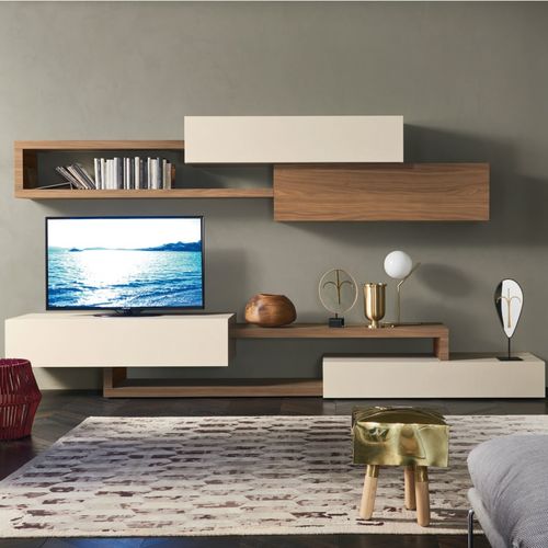 Ensemble TV mural contemporain - LAMPO PIANALI L6C18 - SANGIACOMO - en bois laqué / modulable / avec étagères