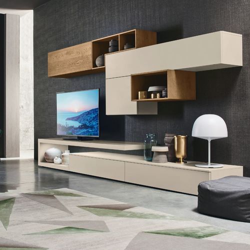 Ensemble TV mural contemporain - LAMPO PIANALI L6C21 - SANGIACOMO - en chêne / en placage de bois / en bois laqué mat