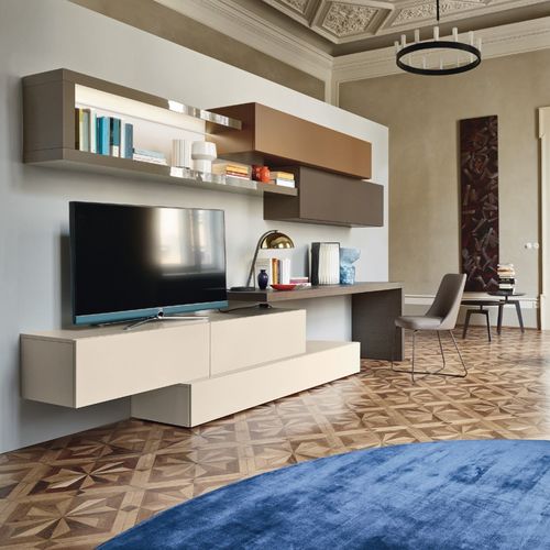 Ensemble TV mural contemporain - LAMPO PIANALI L6C23 - SANGIACOMO - en bois laqué brillant / en métal laqué / modulable