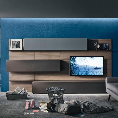 Ensemble TV mural minimaliste - LAMPO L6C26 - SANGIACOMO - en verre / en métal laqué / en mélaminé