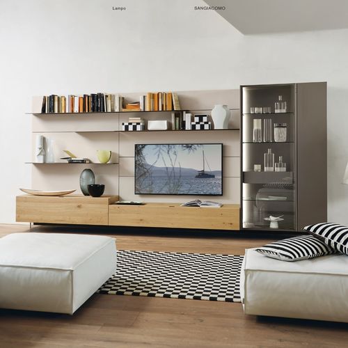 Ensemble TV mural contemporain - LAMPO SCRIGNO L6C31 - SANGIACOMO - en bois laqué / en chêne / en placage de bois