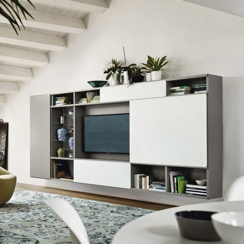 Ensemble mural de salon contemporain - MODO M6C75 - SANGIACOMO - en verre / en bois laqué mat / pour TV