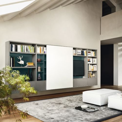 Ensemble mural de salon contemporain - MODO M6C76 - SANGIACOMO - en verre laqué / en bois laqué mat / pour TV