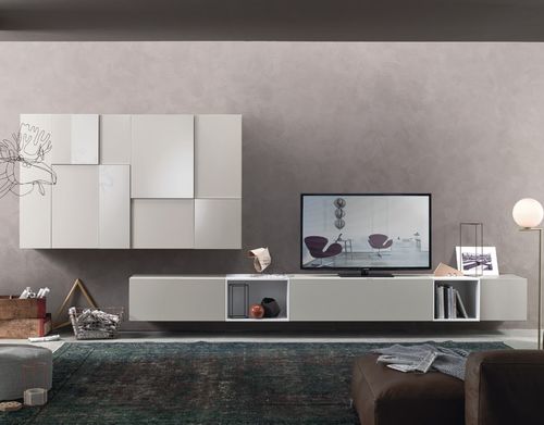 Ensemble TV mural contemporain - LAMPO L6C11 - SANGIACOMO - en bois laqué brillant / en bois laqué mat / modulable