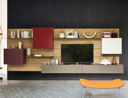 Ensemble TV mural contemporain - LAMPO L6C27 - SANGIACOMO - en bois laqué / en placage de bois / en noyer