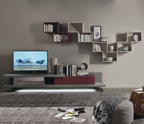 Ensemble TV mural contemporain - LAMPO L6C38 - SANGIACOMO - en bois laqué / en méthacrylate / modulable