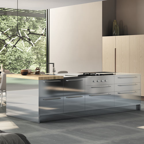 Cuisine de style industriel - CHEF INOX - MOBALCO - en placage de bois / en inox / avec îlot
