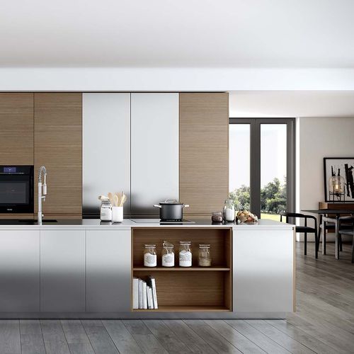 Cuisine de style industriel - MÉTRICA INOX - MOBALCO - en placage de bois / en inox / avec îlot