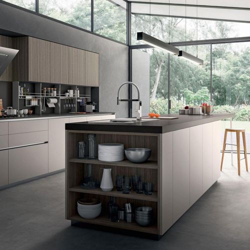 Cuisine contemporaine - RHO : COMPOSITION 01 - ARMONY CUCINE - en mélaminé / avec îlot / sans poignée