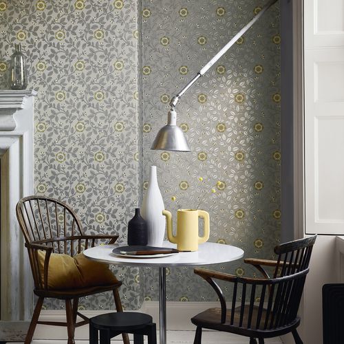 Papier peint classique - RICHMOND - The Little Greene - à motif floral / effet métallisé / gris