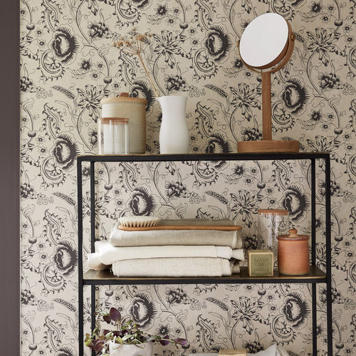 Papier peint contemporain - WOODBLOCK MONO - The Little Greene - à fleurs / monochrome / à effet bois