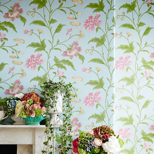 Papier peint classique - CHINA ROSE  - The Little Greene - à motif floral / effet métallisé / gris