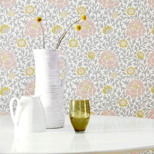 Papier peint classique - LANSDOWNE WALK - The Little Greene - à motif floral / effet métallisé / bleu