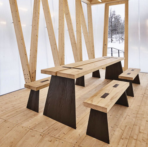 Ensemble table et bancs contemporain - LOGGIA - KÄLLEMO - en bois / en fonte / d'extérieur