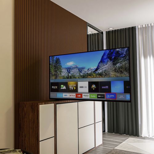 Support TV sur pied contemporain - ARCHIMEDE BANDIERA - Digisonic Srl - pivotant / avec élévateur d'écran / avec câblage dissimulé