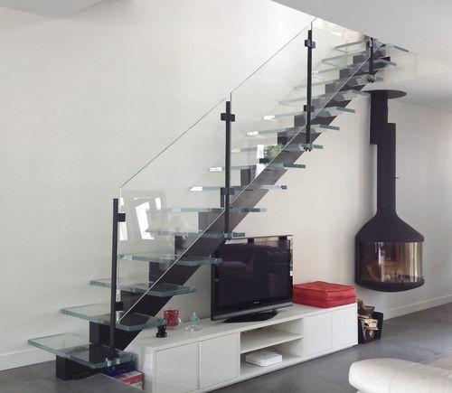 Escalier droit - MANHATTAN ACIER LAQUÉ NOIR ET VERRE EXTRA CLAIR - Trescalini - à marches en verre / structure en acier / contemporain