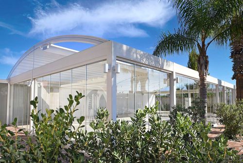 Pergola autoportée - Mercurio - SPRECH S.r.l. - adossée / en aluminium / couverture coulissante en toile PVC
