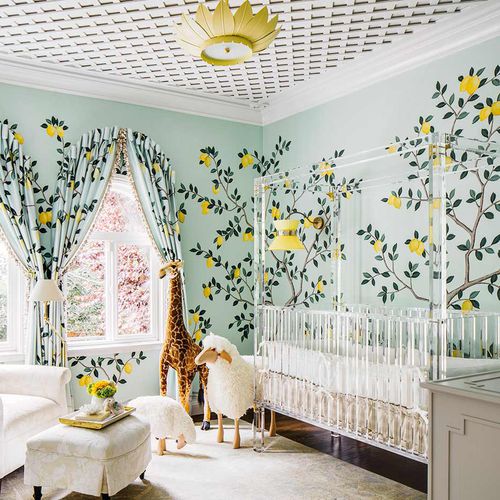 Papier peint classique - LEMON GROVE - DE GOURNAY - à motif floral / aspect tissu / bleu