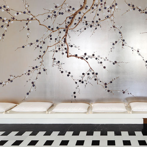 Papier peint classique - PLUM BLOSSOM - DE GOURNAY - à motif floral / aspect tissu / gris