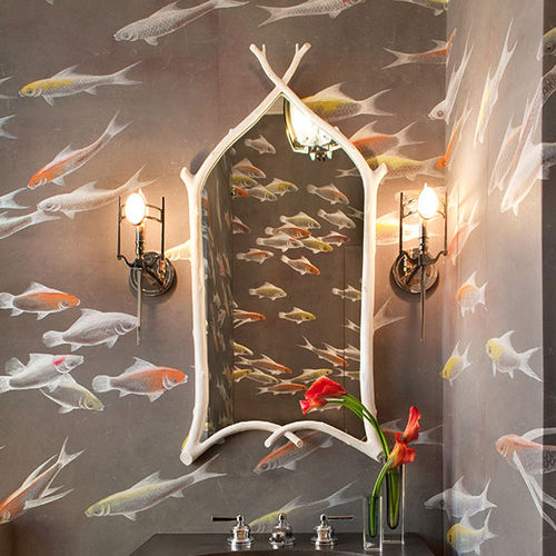 Papier peint classique - FISHES - DE GOURNAY - à motif animalier / aspect tissu / argenté
